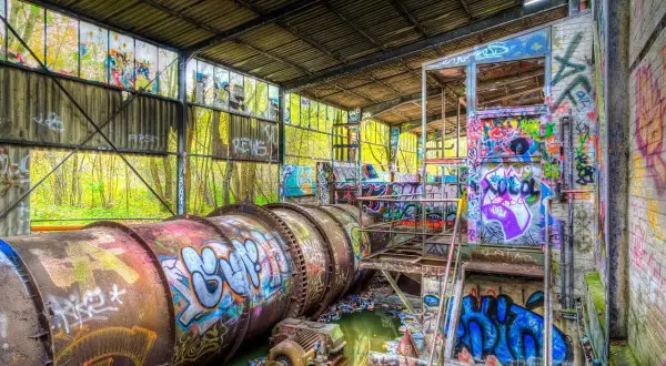 Un site d'urbex au Pays Basque, une ancienne usine envahie par la végétation et recouverte de graffitis colorés, avec de gros tuyaux rouillés et de l'eau stagnante.