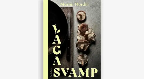 Boken "Laga svamp" av Martin Nordin visar en samling färska svampar, en kniv och en stekpanna. Perfekt för svamp mat-entusiaster.