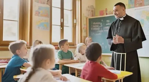 Ksiądz prowadzi lekcję religii w szkole. Dzieci uważnie słuchają, siedząc w ławkach.