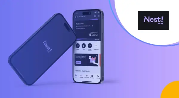 Nest! BANK to nowoczesny bank, którego aplikację mobilną widać na ekranie telefonu. Zarządzaj finansami z dowolnego miejsca!