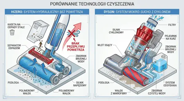 Ilustracja porównująca działanie odkurzacza Hizero (system hydrauliczny) i Dyson (system mokro-suchy z cyklonem).