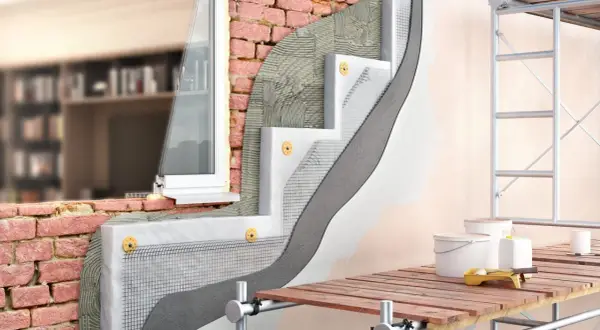 Dettaglio costruttivo di un cappotto termico esterno con isolante, rete e intonaco su una parete in mattoni, vicino a una finestra.