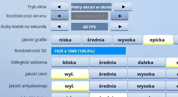 Ustawienia grafiki Fortnite: jakość epicka, rozdzielczość 1920x1080, 60 FPS. Optymalne najlepsze ustawienia Fortnite dla płynnej gry.