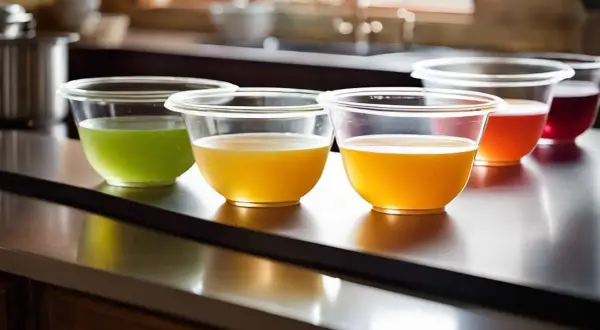 Quatre bols transparents contiennent des liquides colorés : vert, jaune, orange et rouge. Ils sont prêts à être transformés en gelée avec de la pectine ou de l'agar agar.