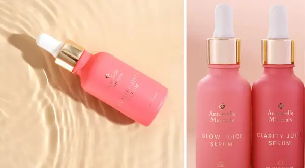 Różowe serum Annabelle Minerals z niacynamidem na trądzik, obok serum z witaminą C.