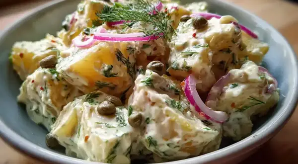 Krämig potatissallad med dill, kapris och rödlök, perfekt som potatissallad till grillat.