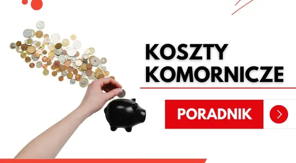 Ręka wrzuca monetę do świnki-skarbonki. Tytuł "Koszty komornicze" sugeruje, że to poradnik o opłatach związanych z egzekucją.
