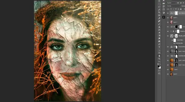 A woman's face with cracked, textured skin, overlaid with dry branches and leaves, showcasing cool textures for Photoshop.