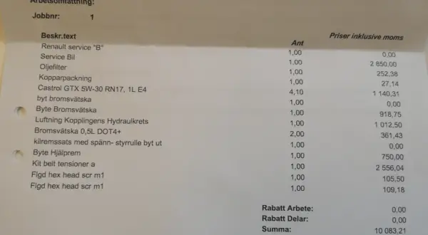 Servicekvitto visar att kamremsbyte ingår i serviceavtal Volvo. Listar oljefilter, bromsvätska, kopparpackning och mer.