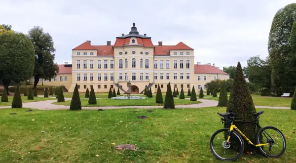 Pałac w Strykowie z żółtą ramą roweru na pierwszym planie, otoczony zadbanym parkiem z rzędami stożkowych drzew.