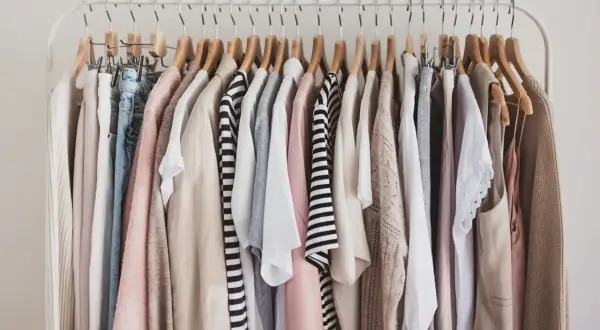 Kleiderständer mit einer Auswahl an Kleidungsstücken in neutralen Farben, die sich gut für eine Capsule Wardrobe eignen.