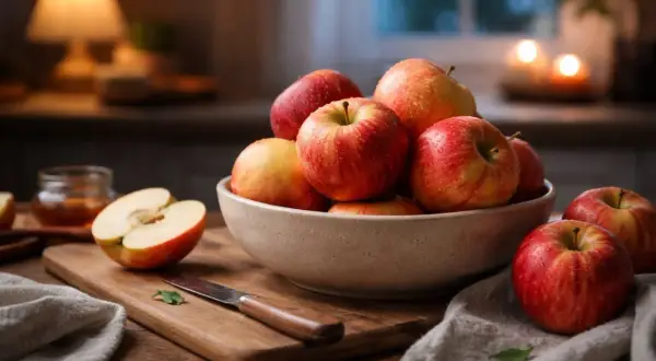 Un bol rempli de pommes rouges et jaunes, prêt à être dégusté le soir. Une pomme coupée en deux sur une planche à découper.