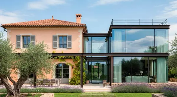 Una casa tradicional con ampliaciones modernas de cristal y acero, rodeada de olivos y lavanda.