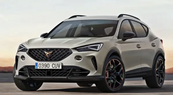 Nowy SUV marki Cupra z charakterystycznym grillem i sportowymi felgami.