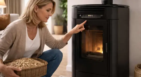 Une femme, perplexe, regarde son poêle à granulés, se demandant pourquoi mon poêle ne s'allume pas. Elle tient un panier de granulés.