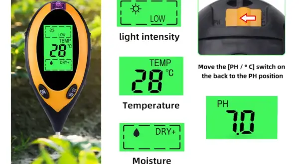 Kwasomierz glebowy pokazuje niski poziom światła, temperaturę 28°C i wilgotność. Na ekranie widnieje wynik pH 7.0.