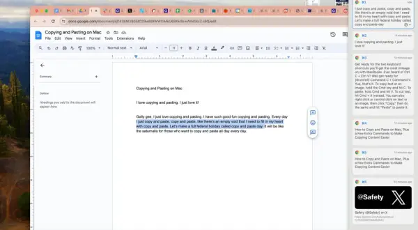 Un documento de Google Docs muestra texto sobre copiar y pegar. La frase "I just copy and paste" está resaltada, sugiriendo la importancia de copiar y pegar.