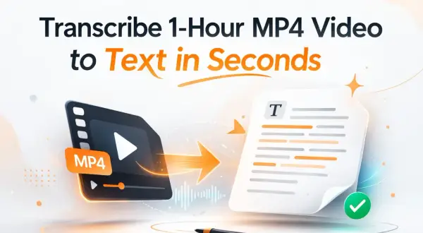 Transform an MP4 video into a text script in seconds. An MP4 player icon transforms into a document with a checkmark.