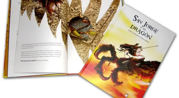 Libro "San Jorge y el Dragón" abierto, mostrando ilustraciones de esqueletos y un caballero. La portada ilustra la historia de San Jorge luchando contra un dragón.