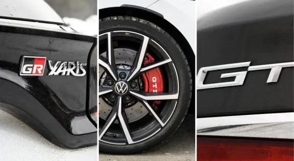 Detaljer från en GR Yaris och en VW Golf GTI. Två sportiga bilar som ger en GT-känsla.