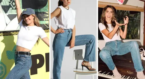 Tre donne con maglietta dentro i pantaloni uomo, in diverse pose e ambientazioni.