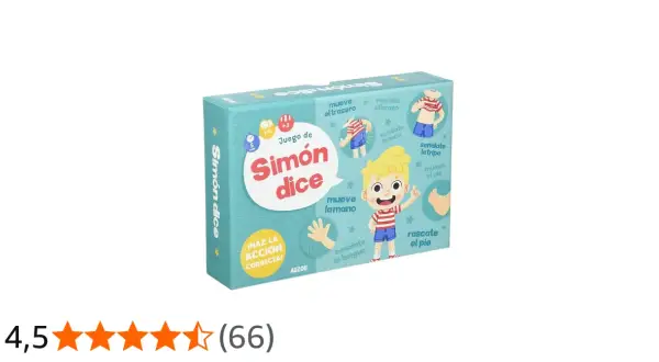 Caja del juego "Simón dice", con ilustraciones de un niño y acciones como "mueve el trasero" o "rascate el pie".