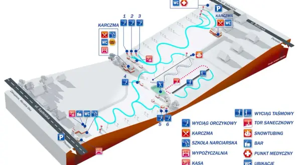 Mapa atrakcji Murzasichle: wyciągi, karczmy, szkoła narciarska, wypożyczalnia, bar, punkt medyczny, parking.