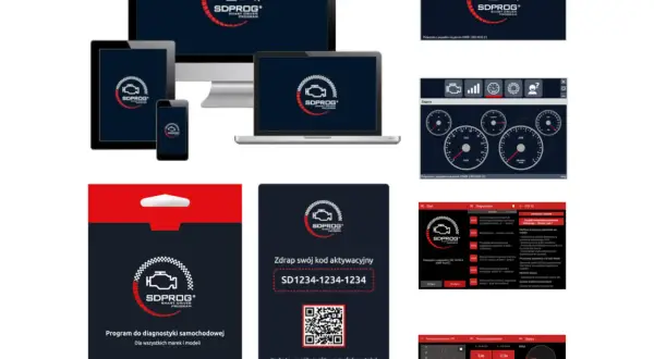 Oprogramowanie SDPROG, które działa jak ELM 327, prezentowane na ekranach komputerów, tabletów i smartfonów. Widoczne są też karty aktywacyjne i interfejsy diagnostyczne.