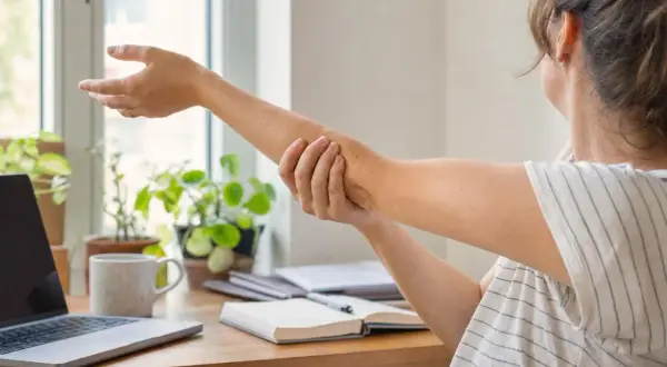 Donna con braccia pesanti senza forza, si massaggia l'avambraccio mentre lavora al computer.