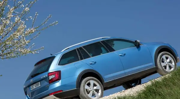 Niebieska Skoda Octavia 2 na tle błękitnego nieba, z widocznymi oponami i felgami.