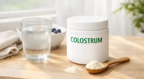Słoik z colostrum, szklanka wody i łyżeczka proszku. Kiedy brać probiotyk rano czy wieczorem? Oto składniki na zdrowy początek dnia.