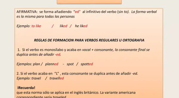 La diapositiva explica la estructura del pasado simple. Se añadió "ed" a los verbos. Por ejemplo, "liked" y "travelled" se usaron.