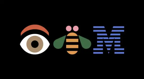 An eye, a bee, and the IBM logo in a playful mid-century graphic design style.