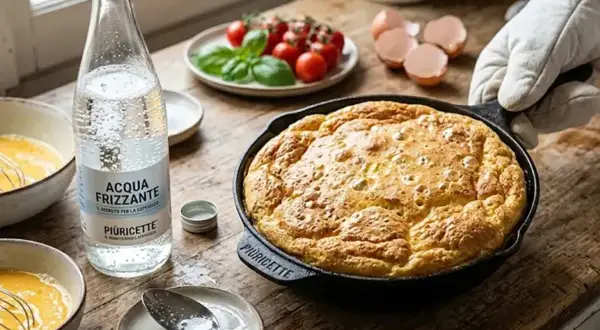 Frittata alta appena sfornata, con accanto una bottiglia di acqua frizzante, pomodorini e gusci d'uovo.