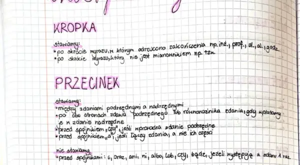 Notatki o interpunkcji: kropka po skrótach, przecinek między zdaniami podrzędnymi i nadrzędnymi, a także przed niektórymi spójnikami.