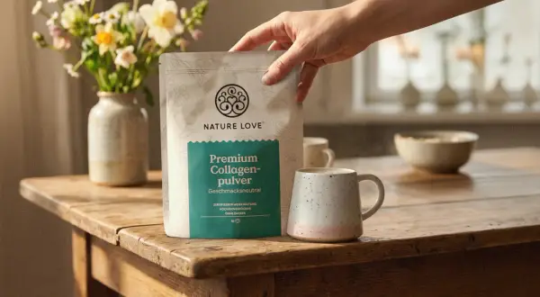 Hand hält Beutel mit Kollagenpulver. Die positive Kollagen wirkung für Haut und Gelenke wird durch das Produkt unterstrichen.