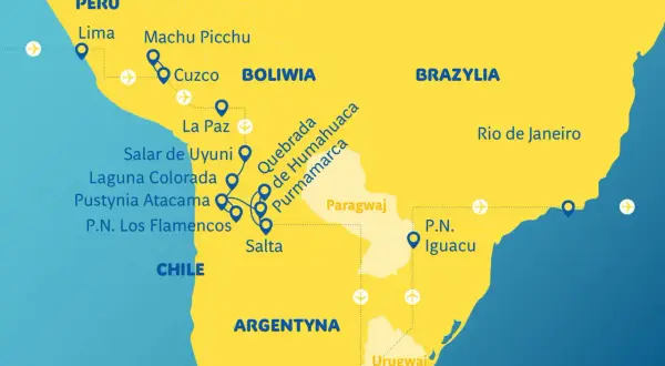 Mapa turystyczna: Ameryka Południowa kraje. Zaznaczone Peru, Boliwia, Brazylia, Paragwaj, Argentyna, Chile, Urugwaj. Punkty: Lima, Machu Picchu, Salar de Uyuni, Wodospady Iguacu.