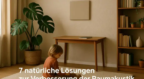 Ein Kind sitzt auf einem Teppich, umgeben von Pflanzen und Büchern. Ein schlichtes Wandpaneel hilft, Schall zu schlucken und die Raumakustik zu verbessern.