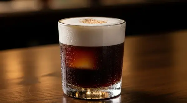 En kyld drink med kaffe och whiskey, toppad med skum och lite strössel. Perfekt för en stunds avkoppling.