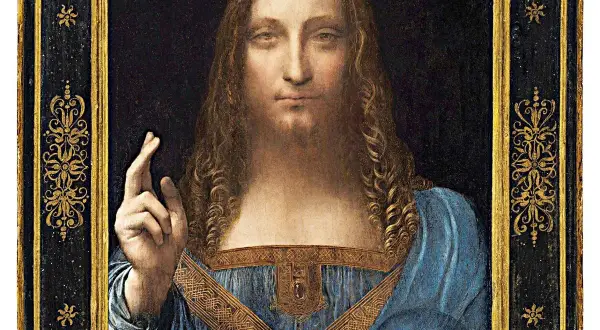 Salvator Mundi obraz Leonarda da Vinci. Chrystus w błękitnej szacie błogosławi prawą ręką.