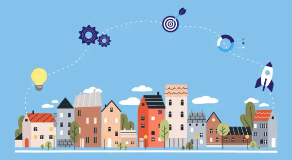 Eine Glühbirne, Zahnräder, Zielscheibe, Diagramm und Rakete über einer Stadtkulisse – **innovative Ideen Beispiele** für den Aufstieg.