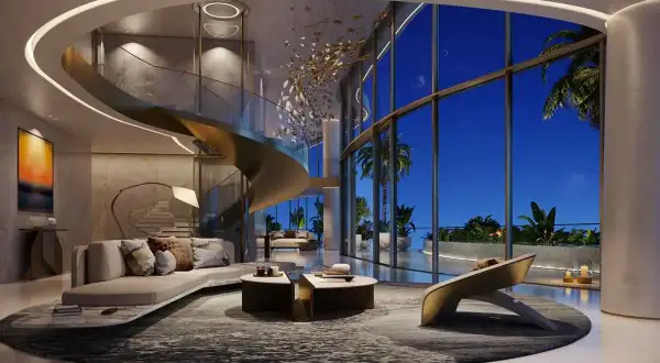 Luksusowe penthousy to marzenie. Nowoczesny salon z krętymi schodami, panoramicznymi oknami i widokiem na palmy.