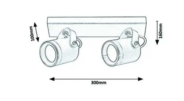 Rysunek techniczny kinkietów zewnętrznych. Wymiary: 300mm szerokości, 100mm wysokości klosza, 160mm całkowitej wysokości.