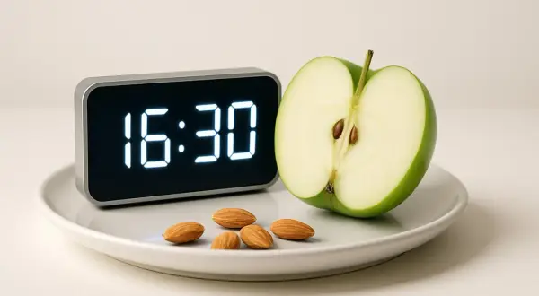 Orologio digitale segna le 16:30, ora perfetta per uno spuntino pomeridiano con una mela verde e mandorle.