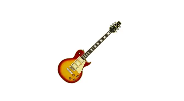 Gitara elektryczna typu Les Paul w kolorze sunburst na białym tle.