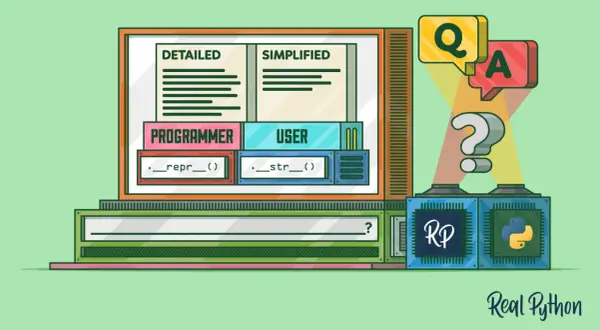 Illustration d'un écran d'ordinateur montrant "PROGRAMMER" avec `__repr__()` et "USER" avec `__str__()`. Des bulles Q&A et un point d'interrogation suggèrent une explication.