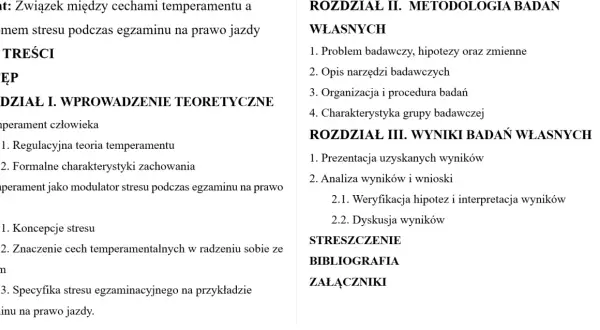 Konspekt wzór pracy badawczej o związku temperamentu ze stresem na egzaminie na prawo jazdy. Spis treści, rozdziały: Wprowadzenie, Metodologia, Wyniki.