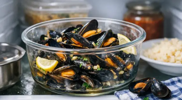 Un bol de moules cuites, garnies de citron et de persil, prêt pour la conservation au frais.