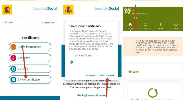 Pasos para instalar certificado digital Android en la Seguridad Social. Selecciona "DNIe o certificado" para continuar.