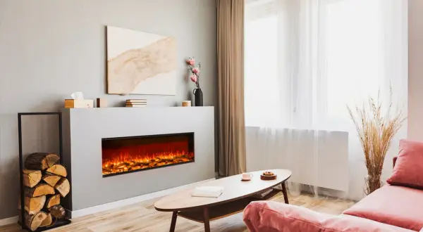 Nowoczesny salon z dużym kominkiem elektrycznym, który tworzy przytulną atmosferę. Obok stos drewna.